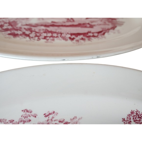 12" English Abbey Red Toile Transferware Oval Serving Platters 2 Set Lug Handle - Picture 3 of 4